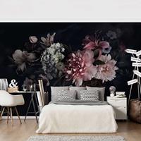 Bilderwelten Fototapete - Blumen mit Nebel auf Schwarz - Fototapete Breit Größe HxB: 255cm x 384cm