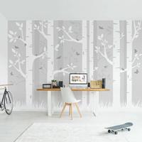 Bilderwelten Kinderzimmer Fototapete - Birkenwald mit Schmetterlingen und Vögel - Tapete in Grau - Vliestapete Breit Größe HxB: 225cm x 336cm