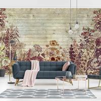 Bilderwelten Fototapete - Vintage Blumen Holzoptik - Vliestapete Breit Größe HxB: 225cm x 336cm