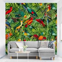 Bilderwelten Fototapete - Bunte Collage - Papageien im Dschungel - Fototapete Quadrat Größe HxB: 240cm x 240cm