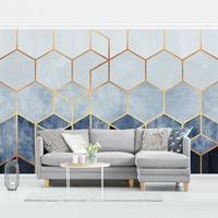 Bilderwelten Fototapete - Goldene Sechsecke Blau Weiß - Fototapete Breit Größe HxB: 190cm x 288cm