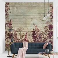 Bilderwelten Fototapete - Vintage Blumen Holzoptik- Vliestapete Quadrat Größe HxB: 288cm x 288cm