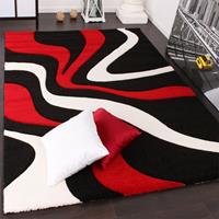 PACO HOME Designer Teppich mit Konturenschnitt Wellen Muster Rot Schwarz Weiss