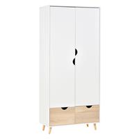 HOMCOM Kleiderschrank Garderobe Schrank mit Stange Schublade für Wohnzimmer Schlafzimmer Weiß+Natur 80 x 40 x 180 cm - 