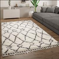 PACO HOME Hochflor Teppich Wohnzimmer Shaggy Skandinavisch Fransen Abstraktes Muster Creme 120x170 cm