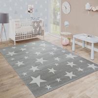 PACO HOME Moderner Kurzflor Kinderteppich Sternendesign Kinderzimmer Star Muster Grau Weiß 80x150 cm