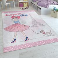 PACO HOME Kinderteppich Kinderzimmer Teppich Mädchen Pastell Modern Eiffelturm Hund Rosa Blau 80x150 cm