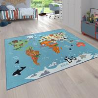 PACO HOME Kinder-Teppich Für Kinderzimmer, Spiel-Teppich, Weltkarte Mit Tieren, In Türkis 80x150 cm