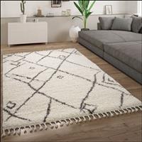 PACO HOME Hochflor Teppich Wohnzimmer Shaggy Skandinavisch Fransen Abstraktes Muster Creme 120x170 cm