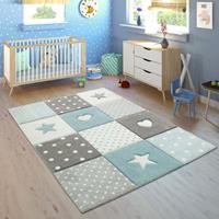 PACO HOME Kinderteppich Teppich Kinderzimmer 3D Konturenschnitt Kariert Punkte Herzen Sterne Pastell Blau 240x340 cm