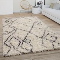 PACO HOME Hochflor Teppich Wohnzimmer Shaggy Langflor Modernes Boho Skandi Rauten Muster 100x200 cm, Creme Anthrazit