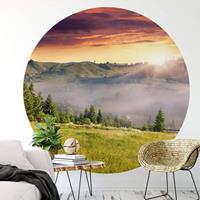 K&L WALL ART Runde Fototapete Bergtal Tapete Sonnenaufgang Vliestapete Wohnzimmer Deko Ã 140 cm