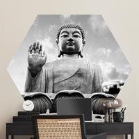 Klebefieber Hexagon Fototapete selbstklebend Großer Buddha Schwarz-Weiß