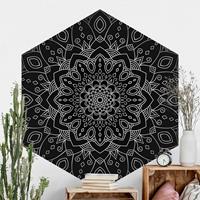 Klebefieber Hexagon Mustertapete selbstklebend Mandala Blüte Muster silber schwarz