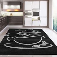 VIMODA Küchenteppich Schwarz Trendiger Kaffee Teppich, Cappuccino Muster Tasse Kurzflor,80x250 cm
