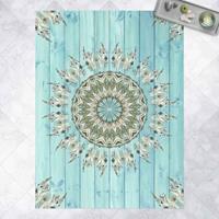 Bilderwelten Vinyl-Teppich - Mandala Aquarell Federn blau grün auf Planke - Hochformat 4:3 