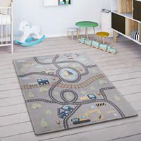 PACO HOME Kinderteppich Kinderzimmer Teppich Spielmatte Spielteppich Straßenteppich Grau Grün 80 cm Rund - 