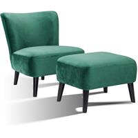 SALESFEVER Sessel und Hocker Retro Samt, 100% Polyester, Beine Hevea Holz, schwarz gebeizt