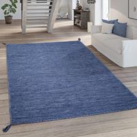 PACO HOME Teppich Wohnzimmer Modern Einfarbig Mit Fransen Baumwolle Webteppich In Blau 60x110 cm - 