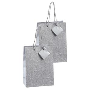 Cepewa Set van 6x stuks luxe papieren giftbags/cadeau tasjes zilver met glitters 17 x 23 x 9 cm -