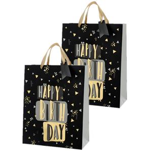 Cepewa Set van 4x stuks papieren verjaardag giftbags/cadeau tasjes Happy Birthday zwart 25 x 32 x 12 cm -