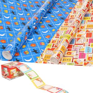 Bellatio Sinterklaas inpakpapier/cadeaupapier 6x rollen en 50 naam stickers -