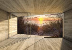 Wallarena Fototapete »3D EFFEKT Strand Meer Sand Terrasse Berge Panorama Natur Landschaft Fenster Vlies Tapete für Wohnzimmer oder Schlafzimmer Vliestapete Wandtapete Motivtapete«, Gl