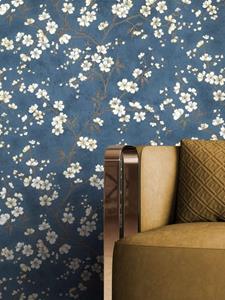 Newroom Vliestapete, Blau Tapete Floral Blumen - Blumentapte Mustertapete Creme Beige Tropisch Modern Blätter Baum für Wohnzimmer Schlafzimmer Küche