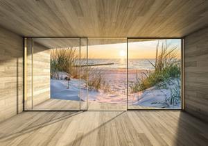 Wallarena Fototapete »3D EFFEKT Strand Meer Sand Terrasse Panorama Natur Landschaft Fenster Vlies Tapete für Wohnzimmer oder Schlafzimmer Vliestapete Wandtapete Motivtapete«, Glatt, 3