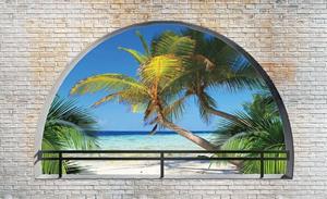Wallarena Fototapete »3D EFFEKT Strand Palmen Meer Fenster Terrasse Panorama Natur Landschaft Vlies Tapete für Wohnzimmer oder Schlafzimmer Vliestapete Wandtapete Motivtapete«, Glatt,