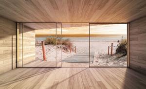Wallarena Fototapete »3D EFFEKT Terrasse Fenster Strand Meer Sand Sonne Vlies Tapete für Wohnzimmer oder Schlafzimmer Vliestapete Wandtapete Motivtapete«, Glatt, 3D-Optik, Vliestapete