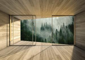 Wallarena Fototapete »3D EFFEKT Wald im Nebel Terrasse Panorama Natur Landschaft Fenster Vlies Tapete für Wohnzimmer oder Schlafzimmer Vliestapete Wandtapete Motivtapete«, Glatt, 3D-O