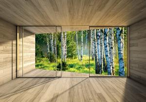 Wallarena Fototapete »3D EFFEKT Wald Terrasse Birke Birkenwald Panorama Natur Landschaft Fenster Vlies Tapete für Wohnzimmer oder Schlafzimmer Vliestapete Wandtapete Motivtapete«, Gla