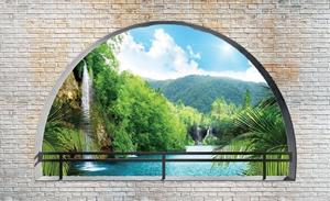 Wallarena Fototapete »3D EFFEKT Wasserfall Fenster Terrasse Panorama Natur Landschaft Vlies Tapete für Wohnzimmer oder Schlafzimmer Vliestapete Wandtapete Motivtapete«, Glatt, Vliesta