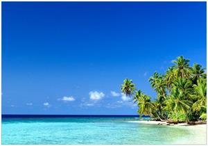 Wallario Vliestapete »Blauer Himmel weißer Strand Palmen und das tiefblaue Meer«, Seidenmatte Oberfläche, hochwertiger Digitaldruck, in verschiedenen Größen erhä