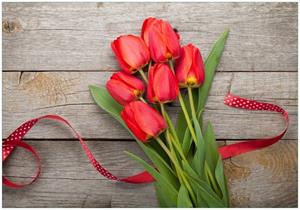 Wallario Vliestapete »Rote Tulpen auf einem alten Holztisch«, Seidenmatte Oberfläche, hochwertiger Digitaldruck, in verschiedenen Größen erhältlich