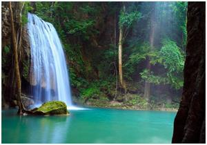 Wallario Vliestapete »Wasserfall im Wald am See Idylle in Thailand«, Seidenmatte Oberfläche, hochwertiger Digitaldruck, in verschiedenen Größen erhältlich