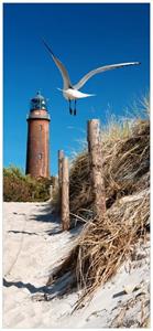 Wallario Türtapete »Möwe am Strand mit Leuchtturm«, glatt, ohne Struktur