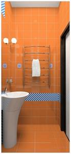 Wallario Türtapete »Modernes Badezimmer in orange mit blauen Fliesen«, glatt, ohne Struktur