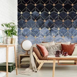K&L WALL ART Fototapete »Große Fototapete XXL Art Deco Vliestapete Hexagone Blau Gold abstrakt«, Wohnzimmer Wandschutz modern