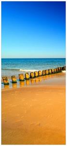 Wallario Türtapete »Sandstrand in orange - Blaues Meer - Blauer Himmel«, glatt, ohne Struktur