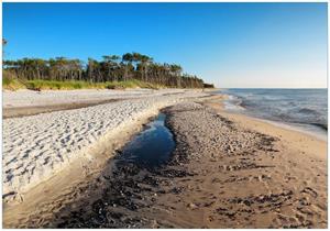 Wallario Vliestapete »Einsamer Strand am Meer - Blauer Himmel«, Seidenmatte Oberfläche, hochwertiger Digitaldruck, in verschiedenen Größen erhältlich