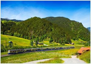 Wallario Vliestapete »Eisenbahn in einer Sommerlandschaft in der Schweiz«, Seidenmatte Oberfläche, hochwertiger Digitaldruck, in verschiedenen Größen erhältlich