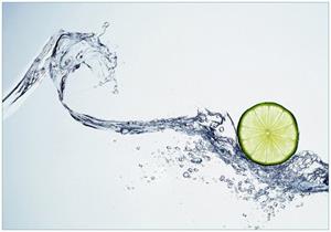 Wallario Vliestapete »Limettenscheibe in spritzigem Wasser«, Seidenmatte Oberfläche, hochwertiger Digitaldruck, in verschiedenen Größen erhältlich