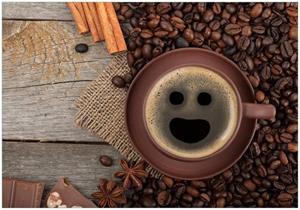 Wallario Vliestapete »Lustige Kaffeetasse mit einem Lächeln - Kaffeebohnen und Zimt«, Seidenmatte Oberfläche, hochwertiger Digitaldruck, in verschiedenen Größen erh&au
