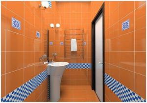 Wallario Vliestapete »Modernes Badezimmer in orange mit blauen Fliesen«, Seidenmatte Oberfläche, hochwertiger Digitaldruck, in verschiedenen Größen erhältlich