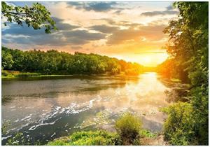 Wallario Vliestapete »Sonnenuntergang am Fluss in grüner Umgebung«, Seidenmatte Oberfläche, hochwertiger Digitaldruck, in verschiedenen Größen erhältlich