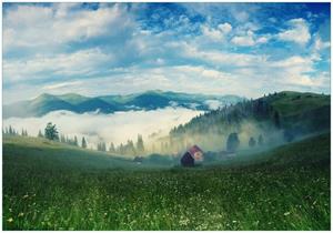 Wallario Vliestapete »Morgennebel zwischen Berghängen«, Seidenmatte Oberfläche, hochwertiger Digitaldruck, in verschiedenen Größen erhältlich