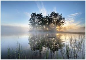 Wallario Vliestapete »Stiller See mit Insel im Morgennebel«, Seidenmatte Oberfläche, hochwertiger Digitaldruck, in verschiedenen Größen erhältlich