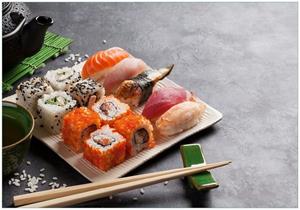 Wallario Vliestapete »Sushi-Menü mit grünem Tee«, Seidenmatte Oberfläche, hochwertiger Digitaldruck, in verschiedenen Größen erhältlich